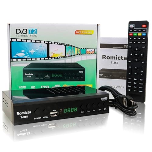 Romicta Decoder Digitale Terrestre 2025, Decoder DVB-T2/C 1080P H.265 HEVC 10Bit, Ricevitore Digitale Terrestre USB PVR Youtube LCN HDMI SCART Lettore Multimediale, Telecomando Universale 2in1
