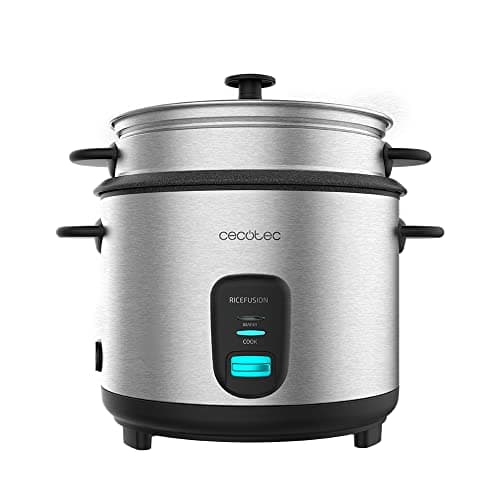 Cecotec Cuociriso Ricefusion 7000 Inox. 700 W, Capacità 1,8 litri, 10 porzioni, Coperchio in Acciaio Inox e Vetro, Funzione Automatica di Mantenimento in Caldo, Include Vassoio per il Vapore