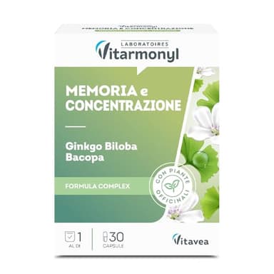 Memoria e Concentrazione - Integratore Alimentare con Ginkgo Biloba e Bacopa - Favorisce la Memoria e la Concentrazione - Benessere Mentale - Antiossidante - 30 capsule - Vitarmonyl