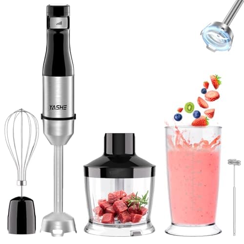 YASHE Miscelatore a mano 5 in 1, frullatore ad immersione, barra in acciaio inossidabile, velocità continua variabile, frullatore a emulsione con tritatutto, frusta e montalatte