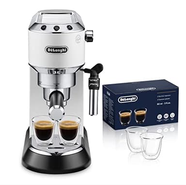 De'Longhi Dedica EC685.W Macchina da Caffè Espresso Manuale e Cappuccino + 2 bicchieri espresso, Caffè in Polvere o in Cialde E.S.E., 1350 W, Bianco