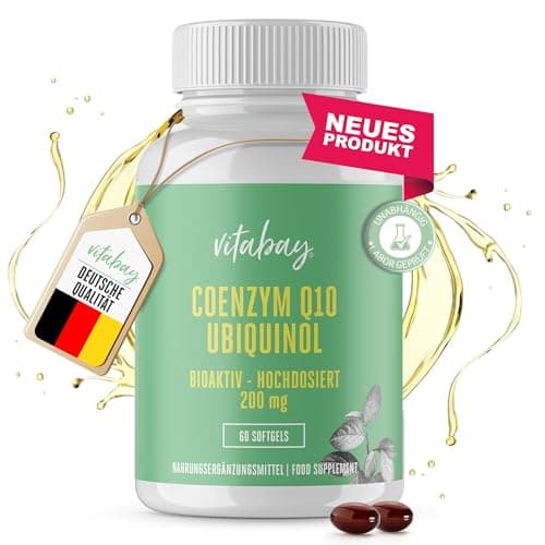 Vitabay Coenzima Q10 200 mg - 60 Capsule Molli di Ubichinolo Coenzima Q10 a Rilascio Prolungato e Bioattivo - Alto Dosaggio - Con Vitamina E, Olio di Semi di Lino e Girasole - Testato in Laboratorio