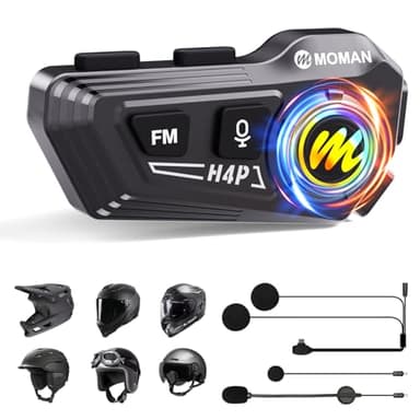 Moman Casco Moto Auricolare, RS-H4P Cuffie per Caschi da Moto BT5.1 Hi-Fi Stereo Doppia Riduzione del Rumore 【Nuovo Upgrade】 FM/RGB/Vocale AI Per Pilota Singolo, Casco-Moto-Cuffie-Caschi-Auricolare