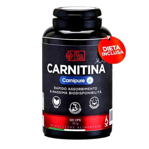 MYTREELABS® Carnitina Carnipure Brevettata® (DIETA DIGITALE INCLUSA), 120CPS di L Carnitina Vegan Ultra Pura | Alta Biodisponibilità, Energizzante, Recupero Muscolare e Aumento Prestazioni Sportive
