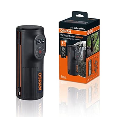 OSRAM TYREinflate 2000, pompa per pneumatici compatta e ricaricabile con luce LED, compressore portatile per pneumatici, alimentazione via USB, gonfiaggio degli pneumatici in 2 minuti