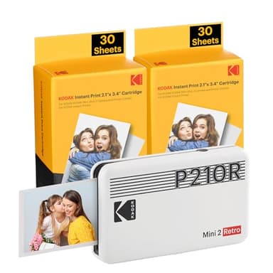 KODAK Mini 2 Retro 4PASS Stampante Fotografica Portatile (5.3x8.6cm) + Pacchetto con 68 Fogli, Bianco