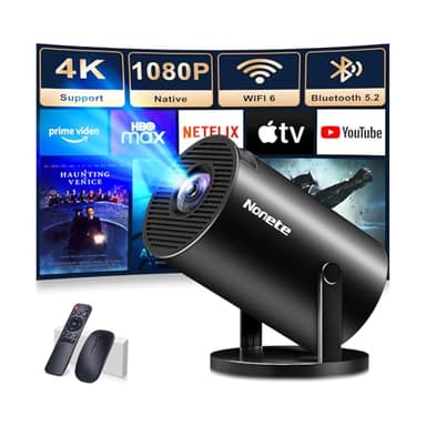 Mini Proiettore 4K 1080P Proiettore Video Portatile, con Android TV App Integrata, Proiettore WiFi 6 Bluetooth 5.2, con Auto Correzione Ruotabile 180° Supporta Phone/HDMI/USB, con Cavo HDMI & Mouse