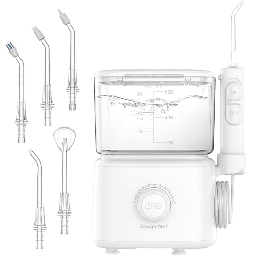 Sawgmore - Idropulsore Dentale con 10 livelli di pressione regolabili, capacità 600 ml, irrigatore orale con 5 punte multifunzione per la casa (bianco)