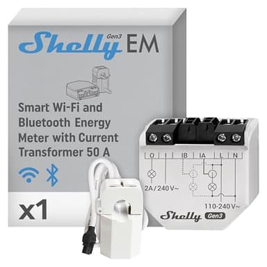 Shelly EM Gen 3 + 50А Morsetto, Wi-Fi & Bluetooth Smart Energy Meter e Contatore Interruttore Relè di Controllo, Trasformatore di Corrente, Domotica, Alexa e Google Home, Nessun hub richiesto, Bianco