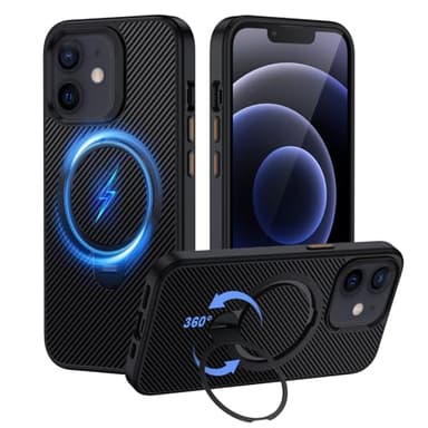 XTCASE Cover Magnetica per iPhone 12/12 Pro [Compatibile con MagSafe], Ultra Sottile Custodia Fibra di Carbonio con Supporto Invisibile Rotante a 360°Antiscivolo Antiurto Paraurti in TPU, Nero