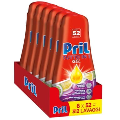 Pril Gel All In One Sciogli Grasso, Detersivo Lavastoviglie Liquido Multi-Azione Sporco Difficile, 6 Confezioni da 52 Lavaggi, 312 Lavaggi