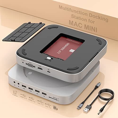Mini docking station per Mac Mini M2 / M1 con HDMI, VGA, SSD/HDD SATA, USB3.0, USB 2.0, TF e SD, jack video/audio per Mac Mini M2, Mac Studio