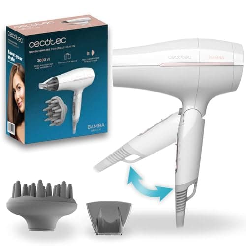 Cecotec Asciugacapelli da Viaggio Pieghevole IoniCare Power&Go Heaven. 2000W, 2 Temperature, 2 Velocità, Funzione Aria Fredda, Include Beccuccio Concentratore e Diffusore