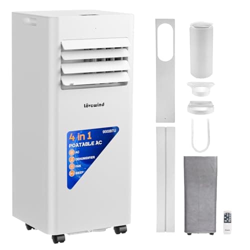 Lovewind Condizionatore Portatile 9000 BTU (Eco R290), Silenzioso 52 dB, Climatizzatore Portatile con Telecomando, 4-in-1 Raffreddamento Deumidificazione Ventilazione e Sonno, IPX1 per Interni Ufficio