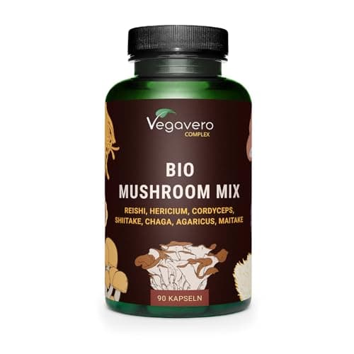 Funghi Medicinali BIO | 1.300 mg di: Reishi, Cordyceps, Hericium, Agaricus, Maitake, Shiitake e Chaga | Estratti altamente dosati | Analizzato in laboratorio | Vegan | Vegavero®