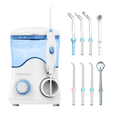 TUREWELL Idropulsore Dentale con 8 Ugelli Multifunzione, 10 valori nominali di pressione dell'acqua regolabili, pulsazioni ad alta frequenza con capacità di 600 ml (Bianco)