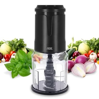 ADE Tritatutto da cucina elettrico | tagliaverdure e affetta cipolle | robot da cucina con 4 lame affilate in acciaio inox | frullatore tritatutto multifunzione con potente motore 400 watt | 500 ml