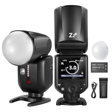 NEEWER Z2-N Flash Speedlite TTL Rotondo 2,4G Compatibile con Nikon, 76Ws HSS 1/8000s con Diffusore, 2 Lampade Pilota, Nuova UI, Tasto di Commutazione TTL/M, Batteria 3000mAh, 600 Flash a Piena Potenza