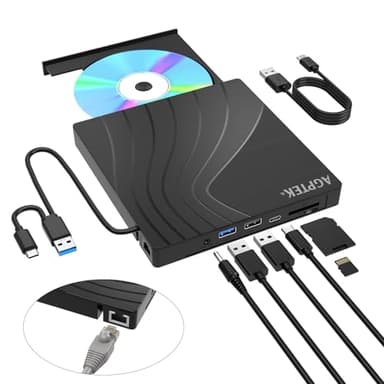 AGPTEK Lettore DVD esterno USB 3.0 Slim CD masterizzatore DVD con adattatore Ethernet, porte USB e slot per schede TF/SD, lettore CD/DVD/scrittore per computer portatile, MacBook, Windows, Linux, Mac
