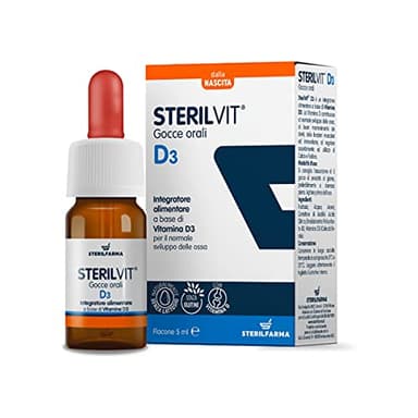 Sterilvit D3 integratore Vitamina D3 posologia a 5 gocce 400 u, [FORMULA MICROEMULSIONATA SENZA CONSERVANTI], privo di Glutine e Lattosio, Sicuro dalla Nascita. CONSIGLIATO DAL MEDICO PEDIATRA - 5 ML