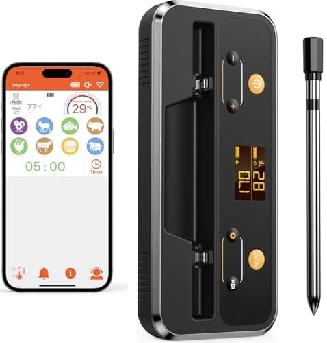 Termometro Carne, Apkezel Termometro BBQ con APP, IP67 Impermeabile Termometro Carne, Termometro Carne Wireless per Barbecue, Forno, Griglia, Cucina, Girarrosto