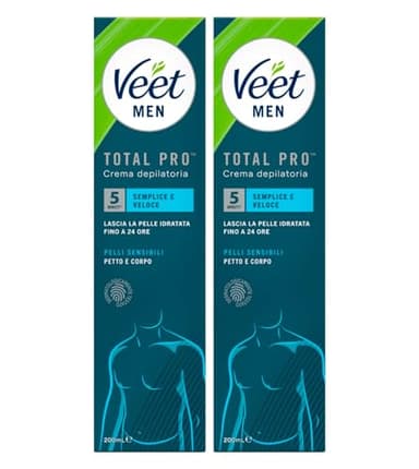 2x Veet Men Crema Depilatoria Uomo per Petto e Corpo Total Pro Adatta a Pelli Sensibili con Spatola per l'Applicazione - 2 Flaconi da 200ml