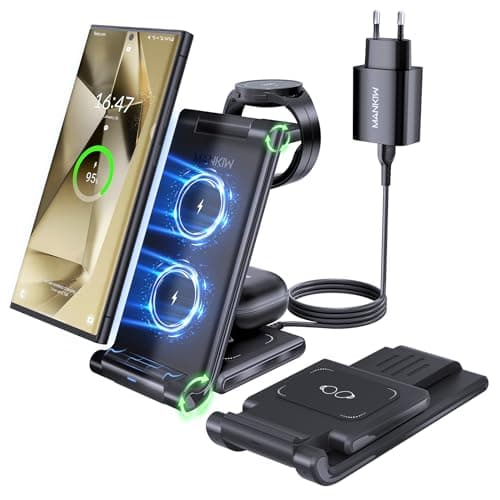 Stazione Ricarica per Samsung, MANKIW Pieghevole 3 in 1 Base Ricarica Wireless per Samsung S25/S24/S23/S22/S21/S20, Z Fold 6/5/4/3, Note20/10 Ultra, Watch 7/6/5/4/3/Active, Buds2/+/Pro/Live