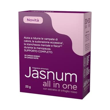 Jasnum All in One - Integratore per la Menopausa - Capsule Giorno e Notte con Estratti Vegetali, Vitamine e Minerali - Allevia Vampate, Ansia e Migliora il Sonno - Confezione da 60 Capsule.