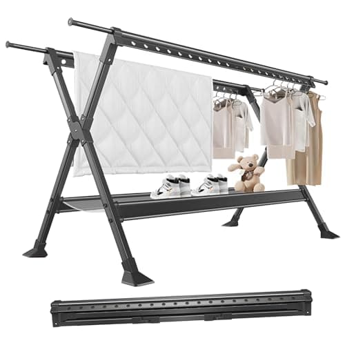 Groyells Stendibiancheria allungabile, in alluminio, per campeggio, pieghevole, appendiabiti regolabile, per lavanderia, camera da letto, stendibiancheria da letto, balcone, nero