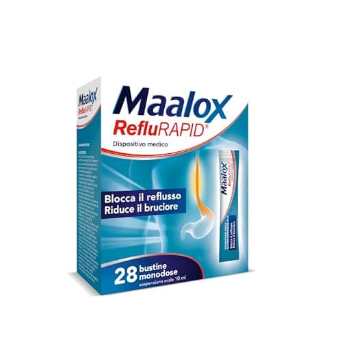 Maalox Reflurapid blocca il Reflusso e riduce il Bruciore, anche in Gravidanza e in caso di Reflusso Notturno - con Bicarbonato di Sodio, Senza Glutine Senza Lattosio, (28 Bustine Gusto Menta)