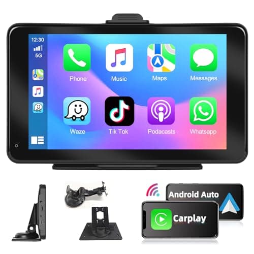 Podofo Autoradio Portatile con Wireless Carplay Android Auto 7" Monitor Touch Screen Auto Stereo Radio con Bluetooth, Trasmissione FM, Airplay, Collegamento a Specchio 7V-32V