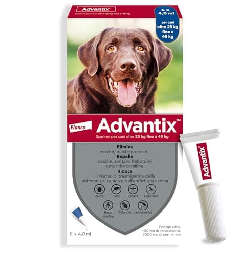 Advantix® Spot-on antiparassitario per Cani da 25 kg a 40 Kg, 6 pipette da 4 ml. Elimina zecche, pulci, pidocchi e larve di pulce in casa. Protegge da zanzare, pappataci e rischio di leishmaniosi.