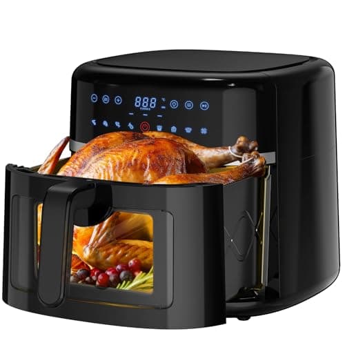 Friggitrice ad aria 9L Finestra di visualizzazione Forno friggitrice senza olio da 1800W, 8 Programmi di cottura preimpostati, 360°Circolazione di riscaldamento ad aria calda Touchscreen intelligente
