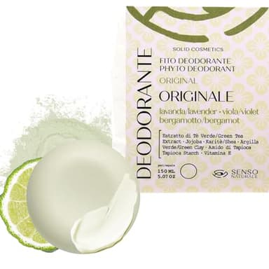 Senso Naturale Deodorante Solido Originale 100% Naturale Bio, Tè Verde e Lavanda, Lenitivo, Riduce la Formazione di Molecole Maleodoranti, Protegge, Idrata
