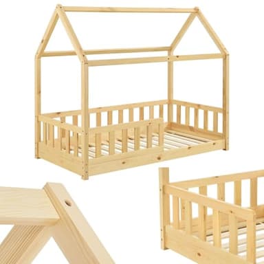 Juskys letto per bambini Marli da 80x160 cm con protezione anticaduta, rete a doghe e tetto - Letto a casetta in legno massiccio per bambini - Colore naturale