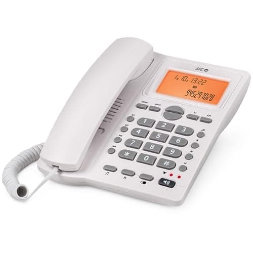SPC Office ID 2 - Telefono fisso con display illuminato, 4 memorie dirette e 10 indirette, 2 livelli di suoneria, ID chiamante, segnale luminoso, vivavoce, da tavolo o a parete - Bianco