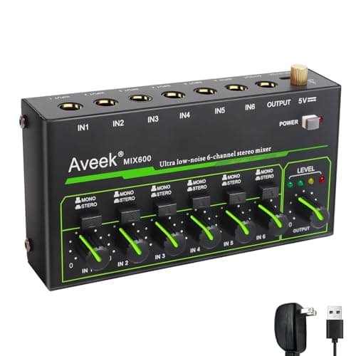 Aveek Mini Line Audio Mixer - Mixer audio piccolo a 6 canali con commutazione stereo/mono e funzionamento a basso rumore per sub-missaggio di precisione, ingresso/uscita TRS da 1/4", ideale per