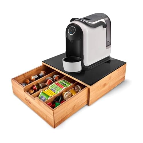 Avilia Porta Cialde in Bambù con Cassetto e Ripiano in Vetro – Organizer per Cialde, Capsule e Tisane – Porta Capsule Caffè, Bustine The e Zucchero – Ideale per Angolo Caffè in Cucina e Ufficio