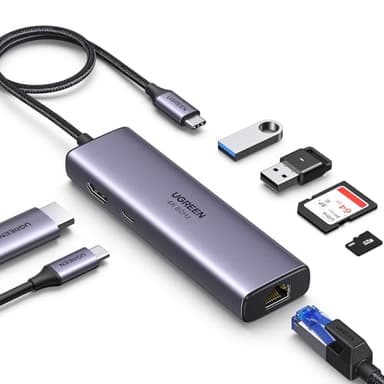 UGREEN Revodok 107 Hub USB C Ethernet Gigabit HDMI 4K 60Hz PD 100W Lettore Schede SD TF Adattatore Type C Multiporta 5Gbps Compatibile con MacBook Pro Air M3 M2 M1, iPad, iPhone 16 Plus Max