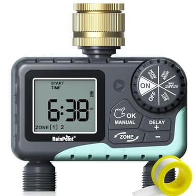 RAINPOINT Centralina Irrigazione 2 Vie con Ingresso in Ottone, Timer Irrigazione Automatica con Ritardo per Pioggia/Bewässerung Manuale, per Prato e Giardino
