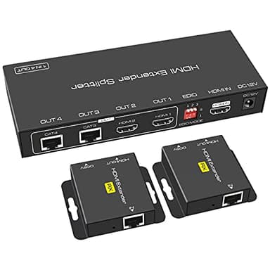VEDINDUST HDMI Splitter Extender 1 in 2 Out 50m,Over Cat5e 6 7 Ethernet Trasmettitore Ricevitore Supporto Preimpostazioni EDID 1080p POC Solo Bisogno di Alimentazione TX per lavoro