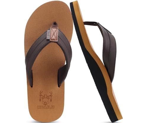 KuaiLu Infradito Uomo Estive Comode Pelle Ciabatte Infradito Supporto Arco Plantare Sandali Infradito Spiaggia Piscina Flip Flop Cuoio Mare Leggere Antiscivolo Gomma Suole cachi marrone 41