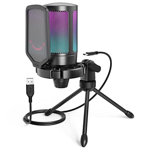 FIFINE Gaming Microfono per PC PS4 PS5, USB Microfoni a Condensatore da Tavolo per Streaming Podcast Studio Recording, con RGB, Pulsante di Silenziamento, Filtro Anti-Pop e Supporto Antiurto