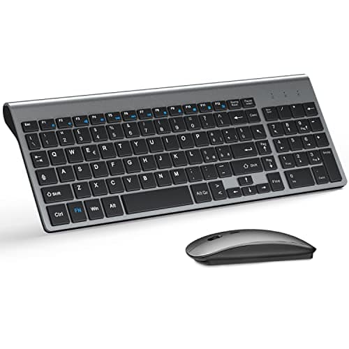 TopMate Kit Tastiera e Mouse Wireless UltraSottili, 2.4G USB Silenzioso Set 2400DPI Mouse e Tastiera Senza Fili Compatto con Coperchio, Batterie 2 AA+2 AAA, per PC/Laptop/Windows/Mac- Grigio Nero