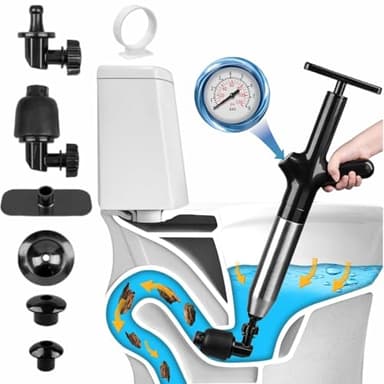 Stura WC ad Aria Compressa, Pompa Stura Scarichi a Pressione, Stura Lavandini e Scarichi, Stura Lavandini con 4 Teste di Pistone e Gonfiatore per Disintasare WC, Lavello, Vasca, Scarico a Pavimento