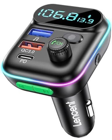 LENCENT Trasmettitore FM Bluetooth 5.0 Auto, Adattatore Bluetooth Auto Radio con Suono Hi-Fi Lossless, PD USB-C 3.0 e QC3.0, Ricarica Rapida, Chiamate Vivavoce, Supporto Chiavetta USB & Scheda SD