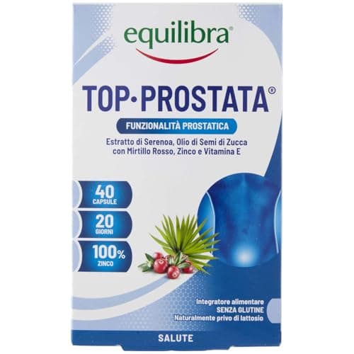 equilibra Integratori Alimentari, Top Prostata, Integratore per la Funzionalità della Prostata, con Serenoa Repens, Olio di Semi di Zucca e Mirtillo Rosso con Zinco e Vitamina E, 40 Capsule