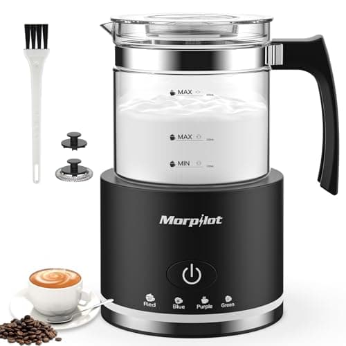 Montalatte Elettrico, Morpilot Milk Frother in Vetro, Spegnimento Automatico, 4 in 1 Funzione, Capacità 250ml Cappuccino o 500 ml Latte Caldo, Design Diviso, Nero
