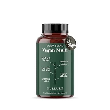 Nullure Multivitaminico Completo Vegano – 4 mesi | Integratori Vitamine Vegani - Formulato per dieta vegana | Vitamina B12 + Vitamin D3 K2 vegan + Ferro + Iodio + Zinco + Selenio e Colina
