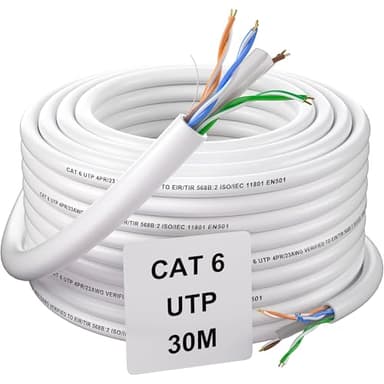Soibke Cavo Ethernet 30 Metri, Cavo di Rete Cat 6 Esterno Gigabit Bobina Cavo LAN UTP Cavo LAN 23AWG Cavo Internet Bianco Cavo Patch Lungo